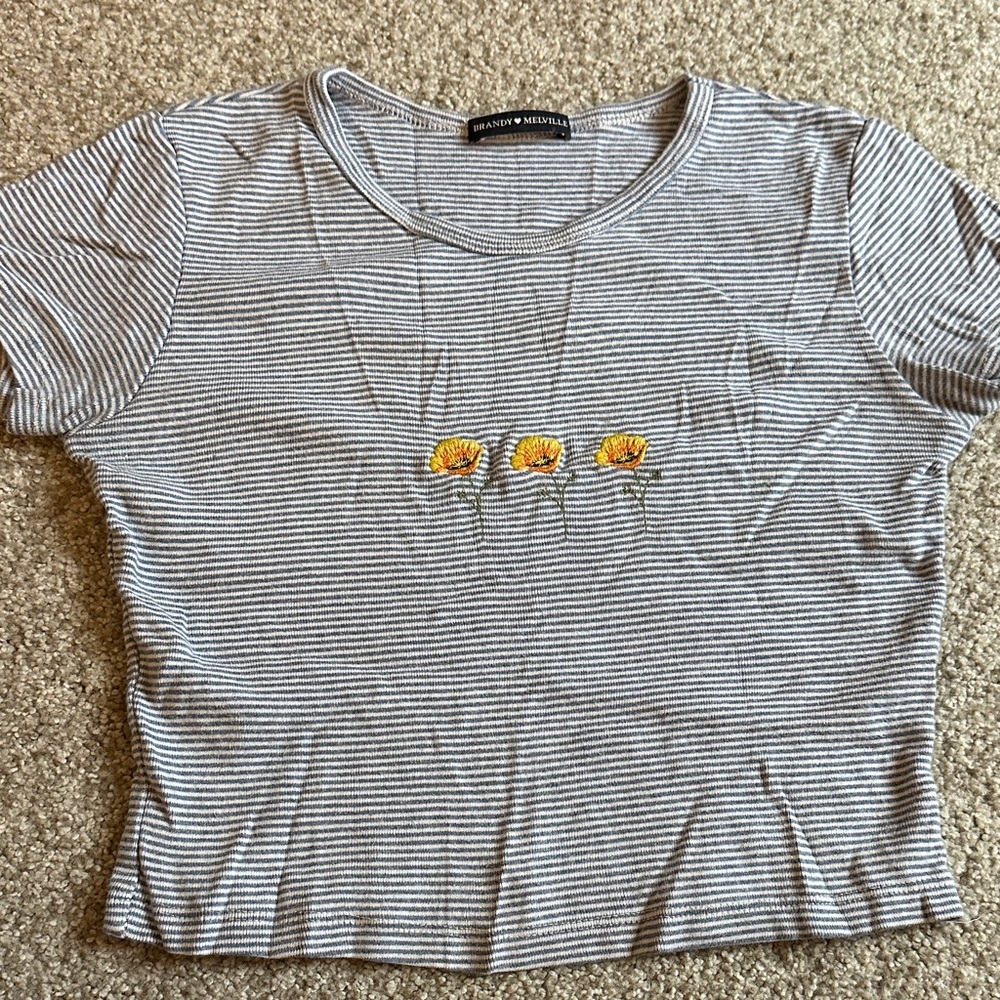 Brandy Melville Blue Striped Tee with Yellow Floral Embroidery